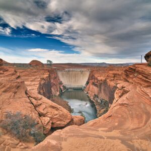 View from a bend in the Colorado River of Glen Canyon Dam, outside Page, Arizona. Original image from Carol M. Highsmiths America, Library of Congress collection. Digitally enhanced by rawpixel.